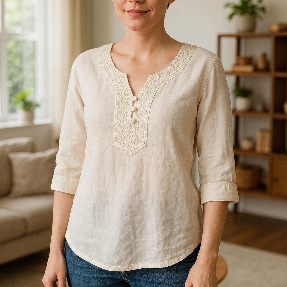 La Rueca Beige Boho Ethnic Tunic - Crocheted Front Placket & 3/4 Sleeves size S